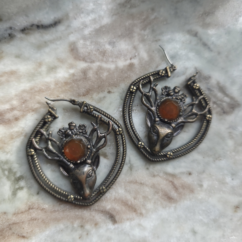 Boho Deer Hoop Earrings with Orange Stone Accent